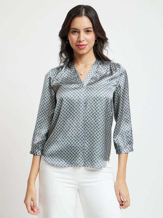 V Neck Geometric Print Top - Grey