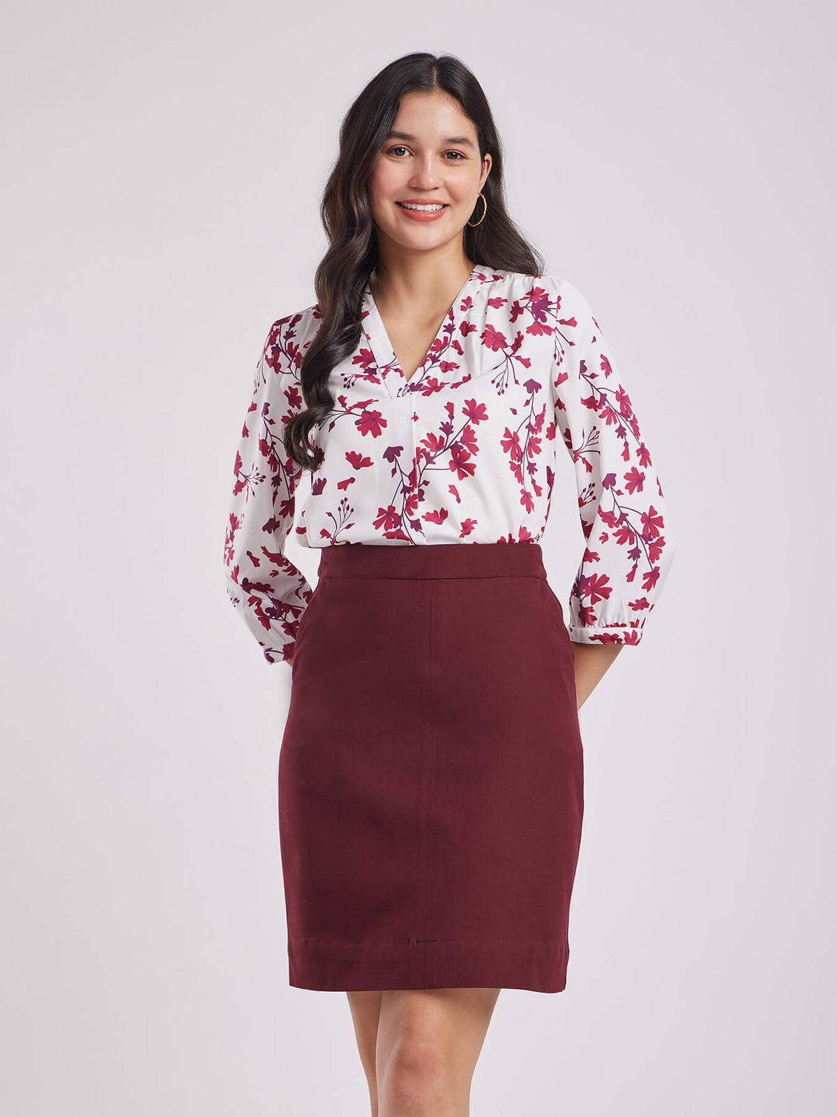 Front Pleat Top - Maroon And White