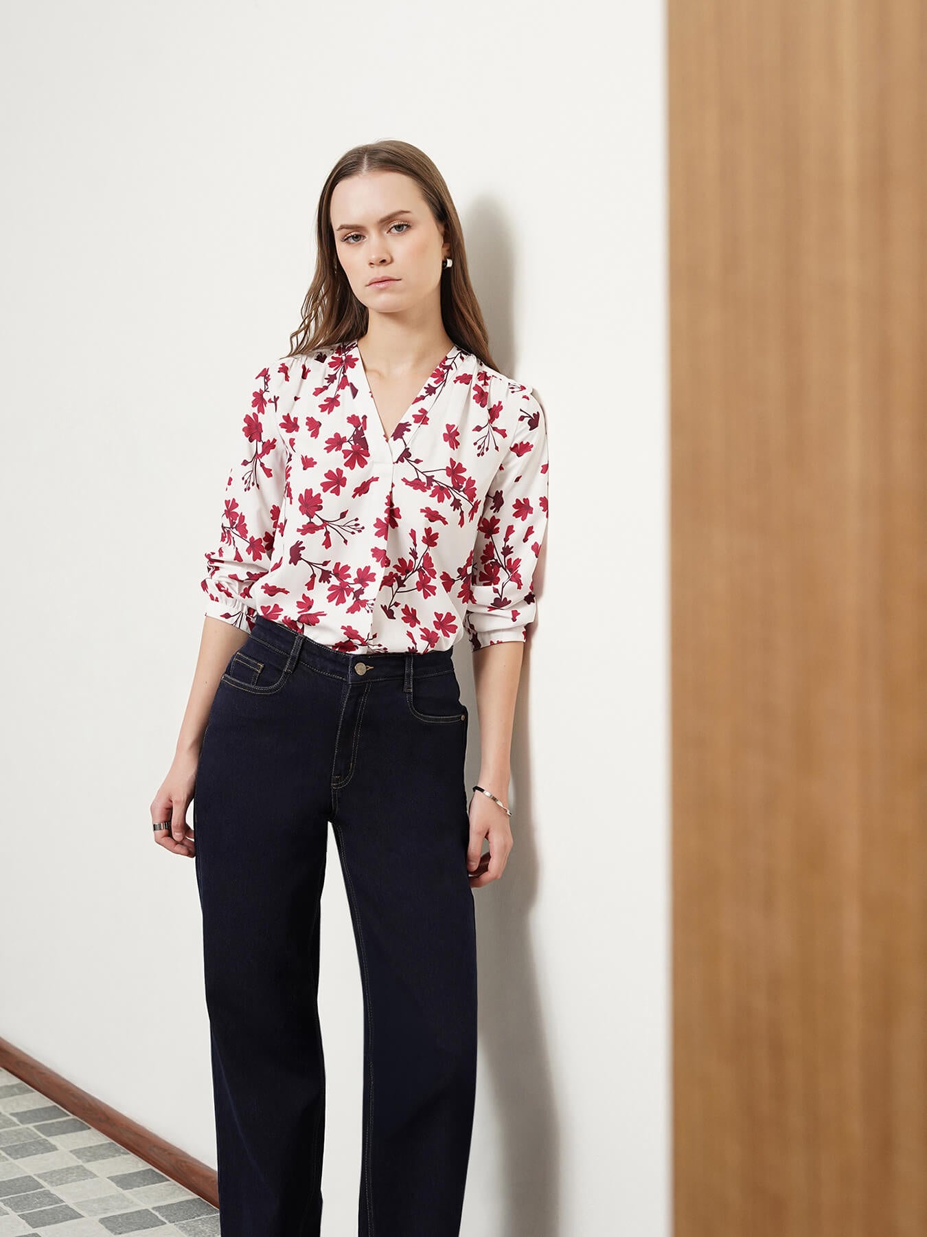 Front Pleat Top - Maroon And White