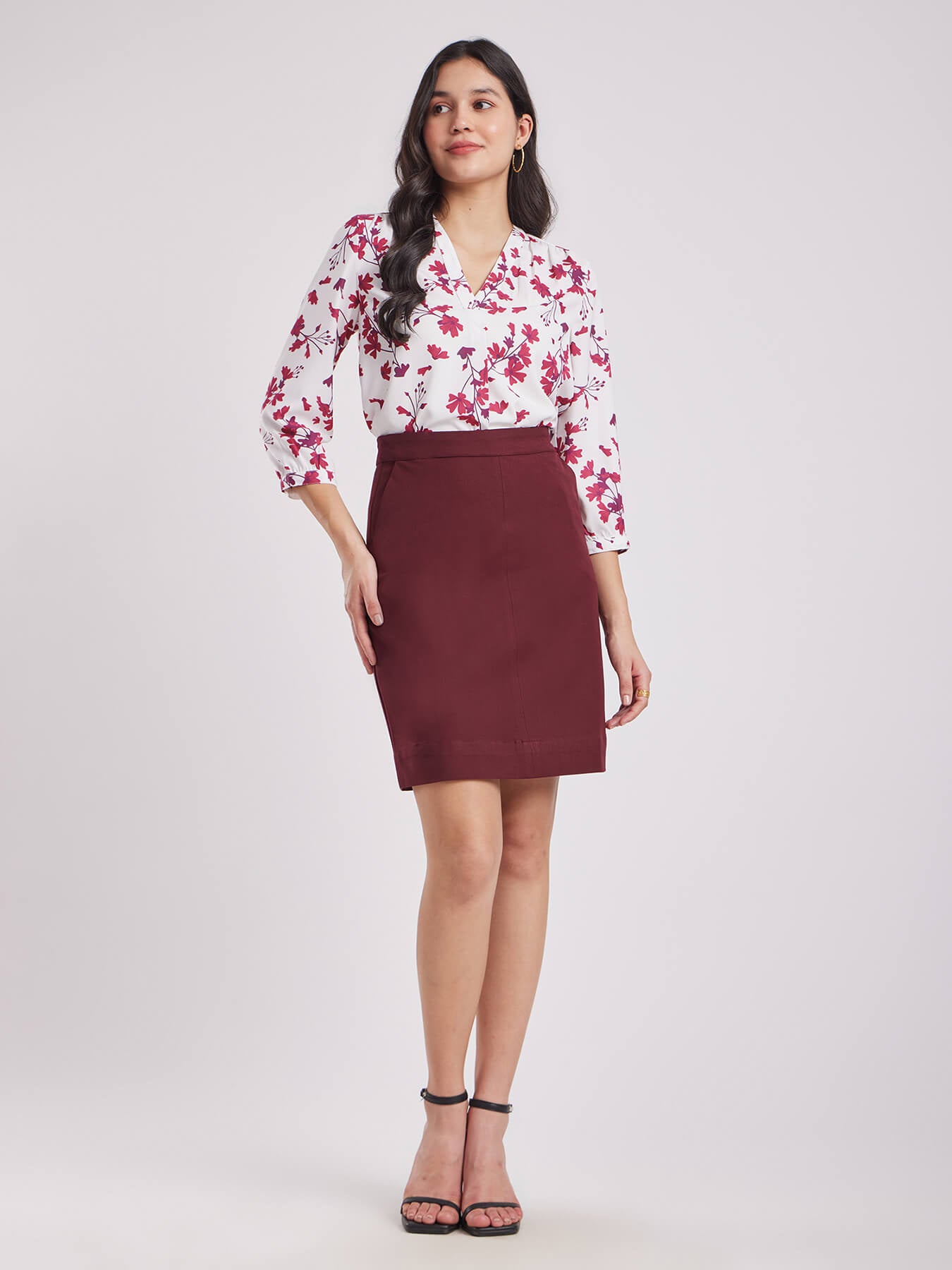 Front Pleat Top - Maroon And White
