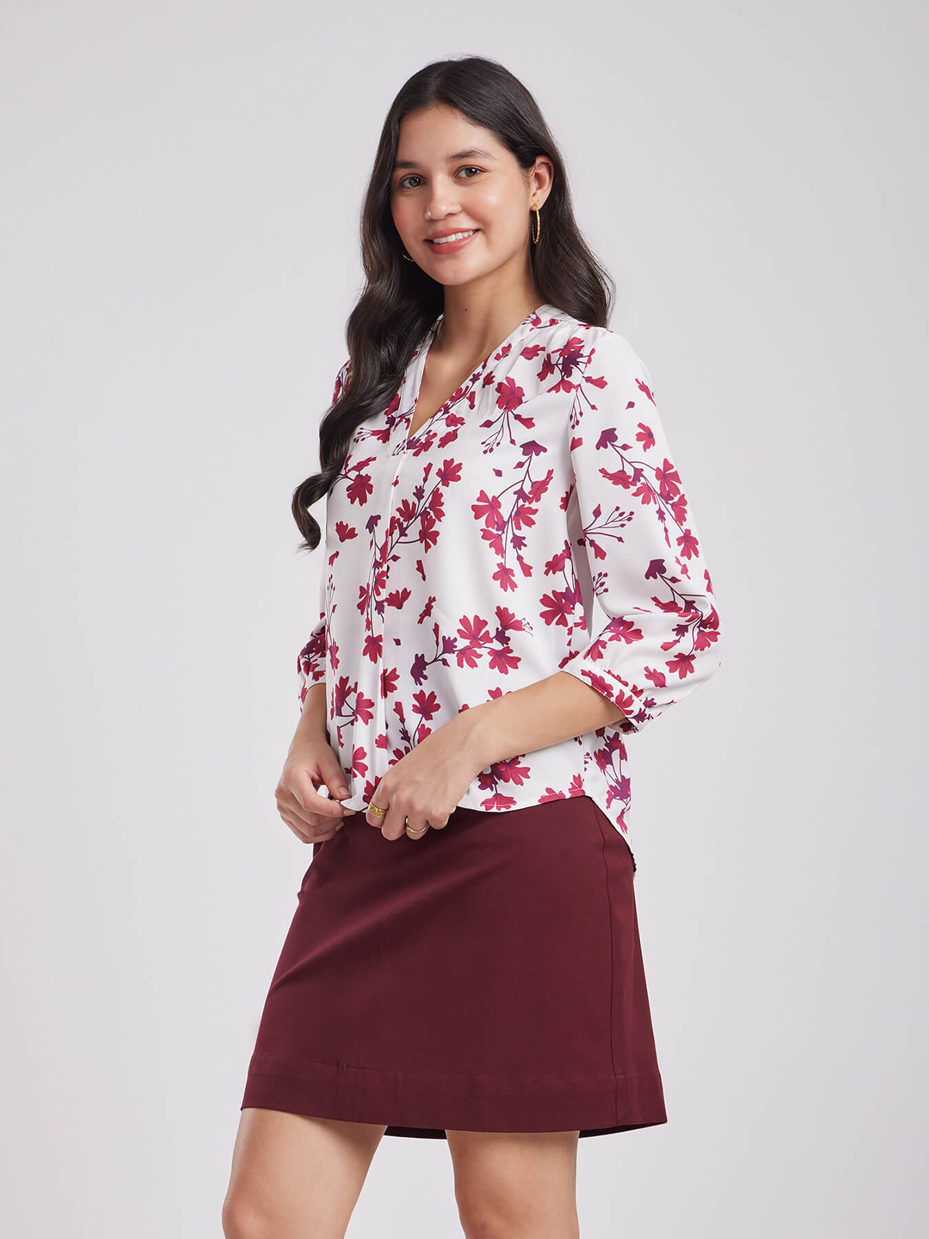 Front Pleat Top - Maroon And White