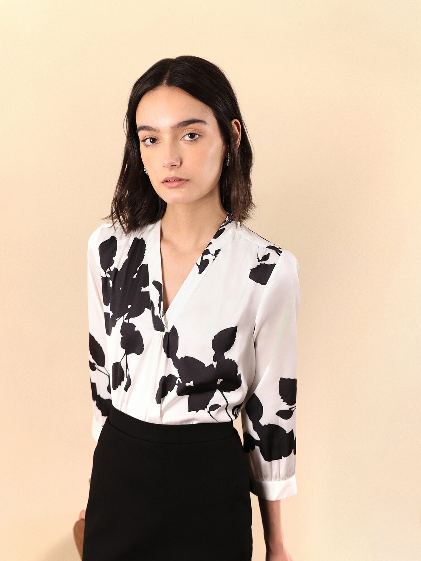 Satin Floral Print Top - White And Black