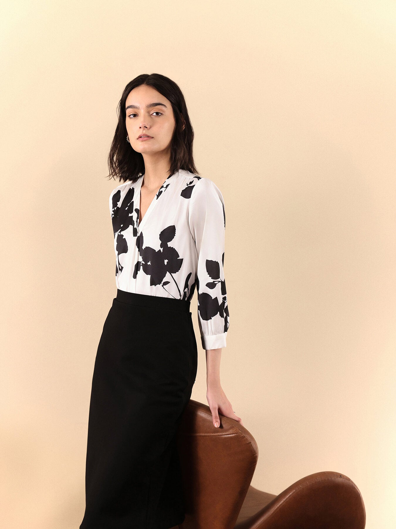 Satin Floral Print Top - White And Black