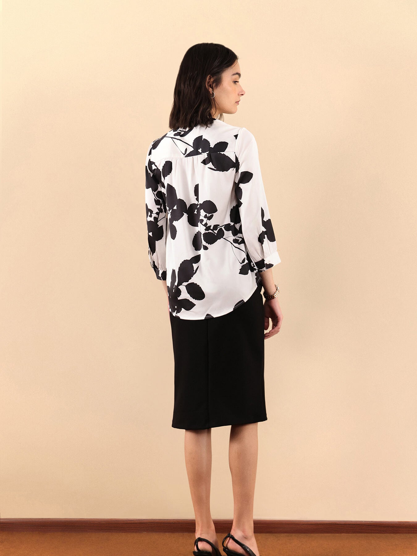 Satin Floral Print Top - White And Black