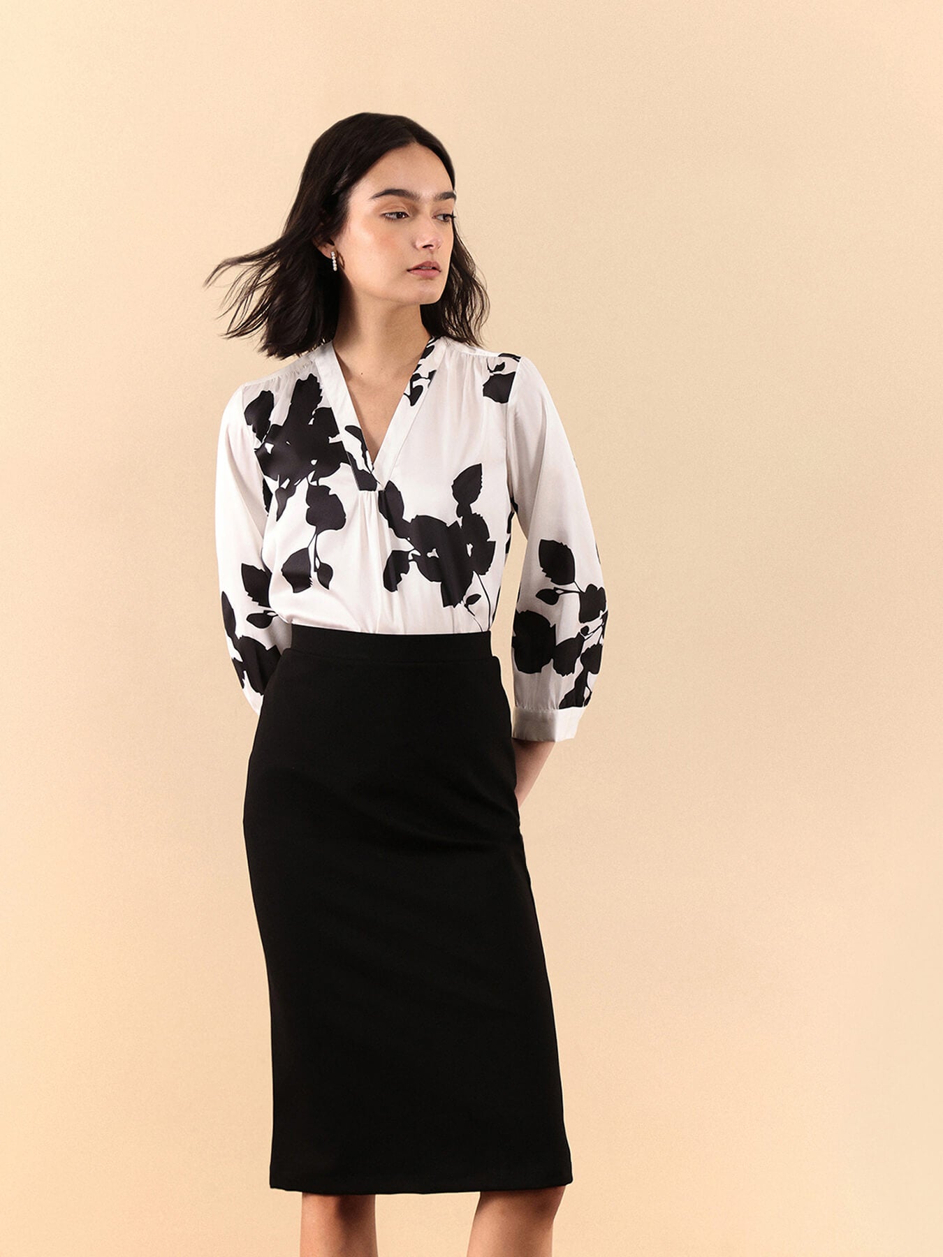 Satin Floral Print Top - White And Black