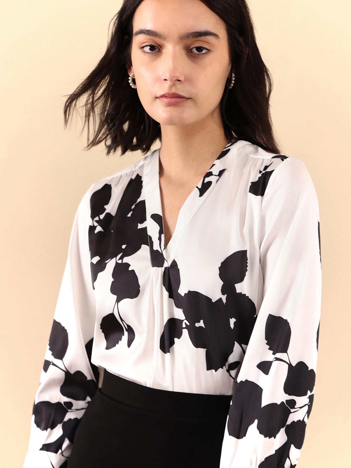 Satin Floral Print Top - White And Black