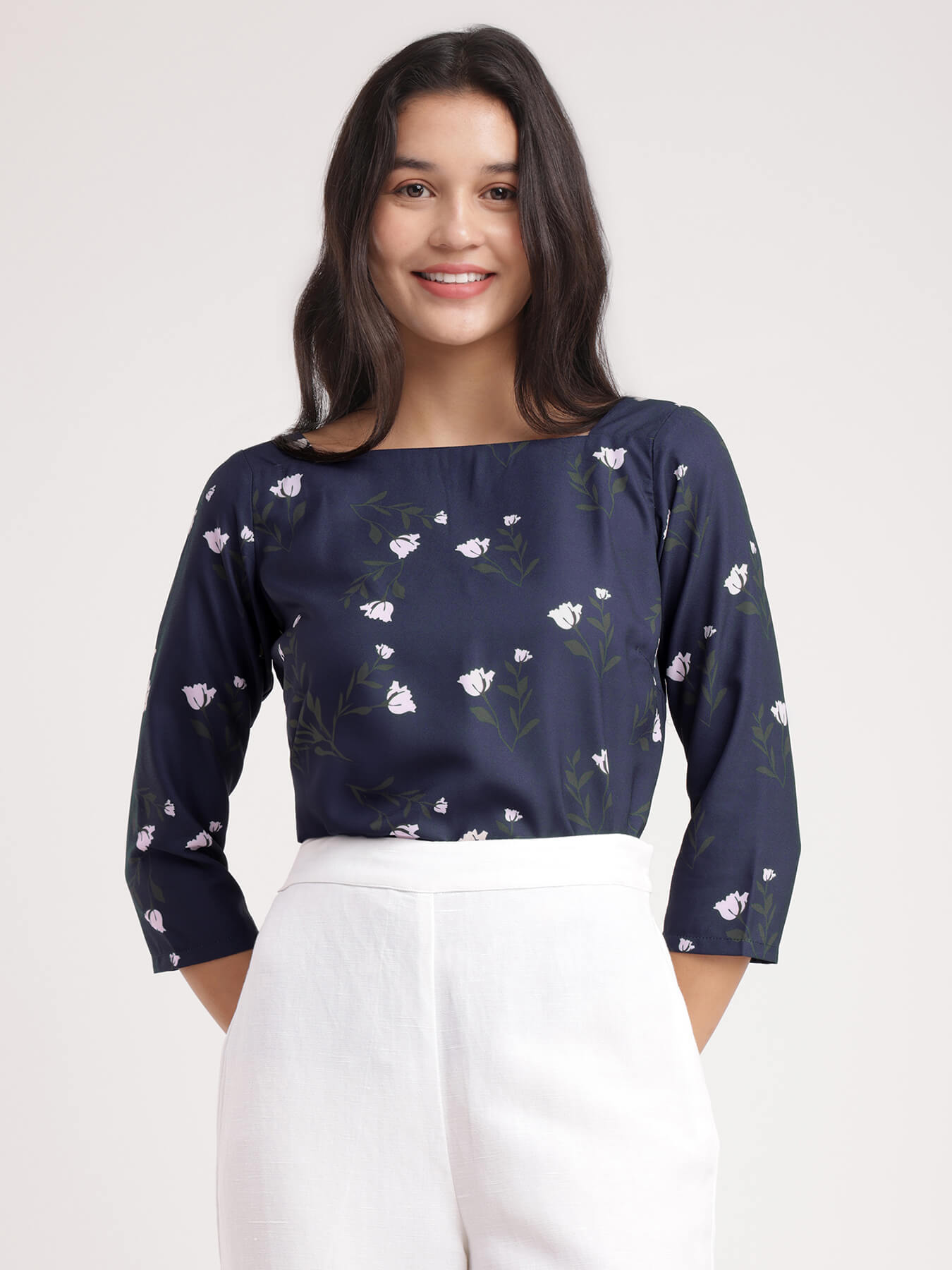 Floral Square Neck Top - Navy Blue