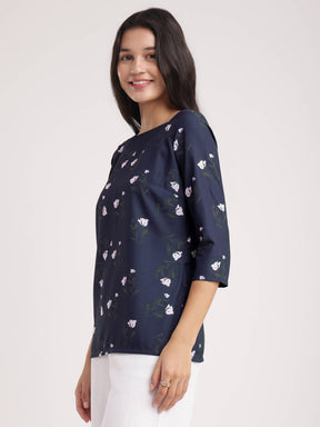 Floral Square Neck Top - Navy Blue