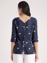 Floral Square Neck Top - Navy Blue