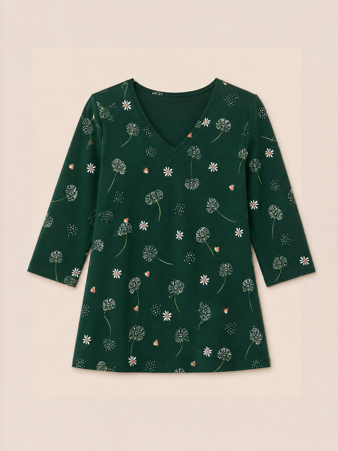 V Neck Ditsy Floral Top - Green and White