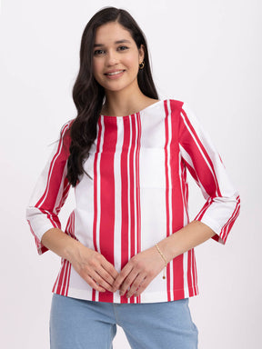 Cotton Boat Neck Top - White And Red