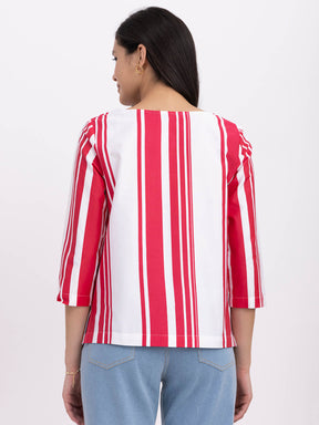 Cotton Boat Neck Top - White And Red