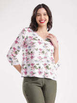 Floral Print V Neck Top - White And Pink