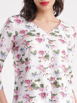 Floral Print V Neck Top - White And Pink