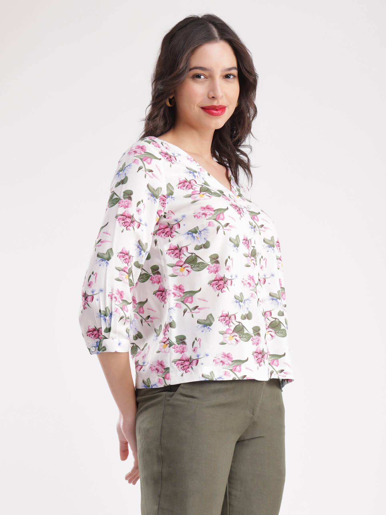 Floral Print V Neck Top - White And Pink