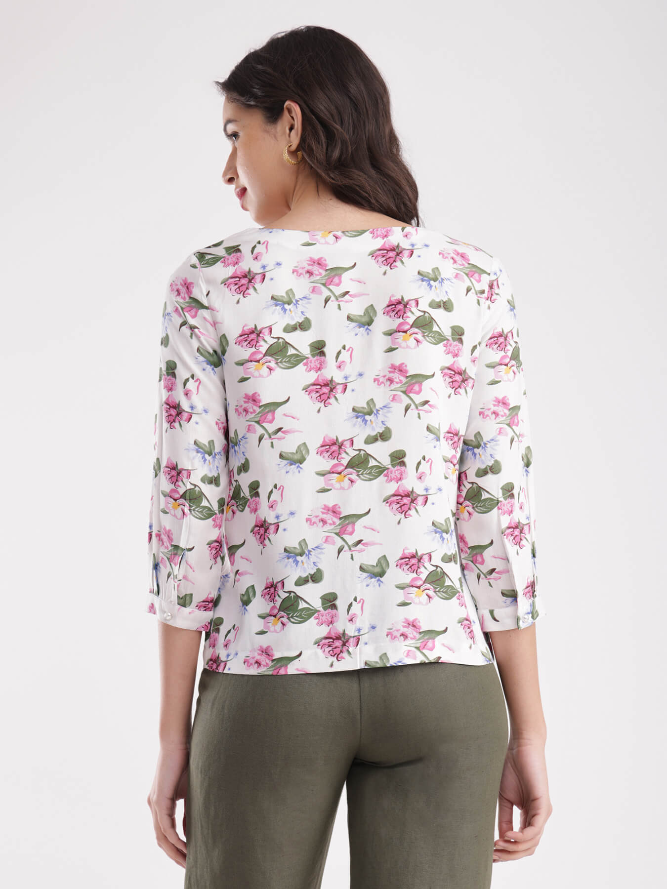 Floral Print V Neck Top - White And Pink