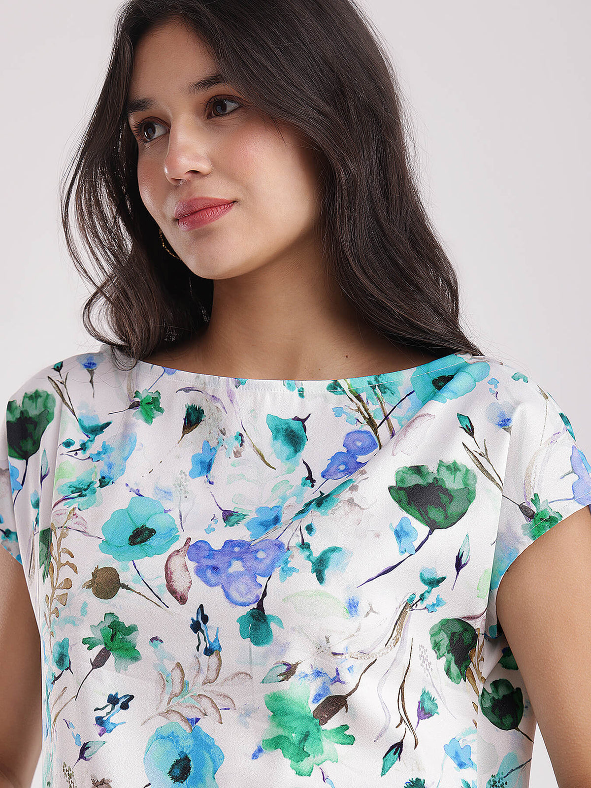 Floral Boat Neck Top - Blue And Green