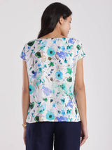 Floral Boat Neck Top - Blue And Green