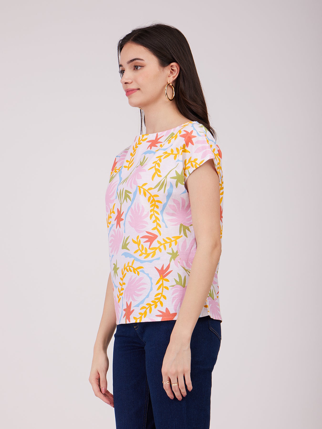 Linen Boat Neck Top - Multicolour