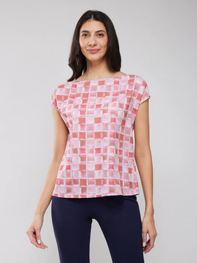 Boat Neck Geometric Print Top - Pink And Off White