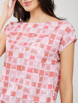 Boat Neck Geometric Print Top - Pink And Off White