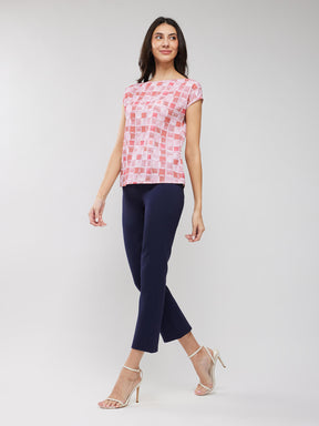 Boat Neck Geometric Print Top - Pink And Off White