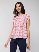 Boat Neck Geometric Print Top - Pink And Off White