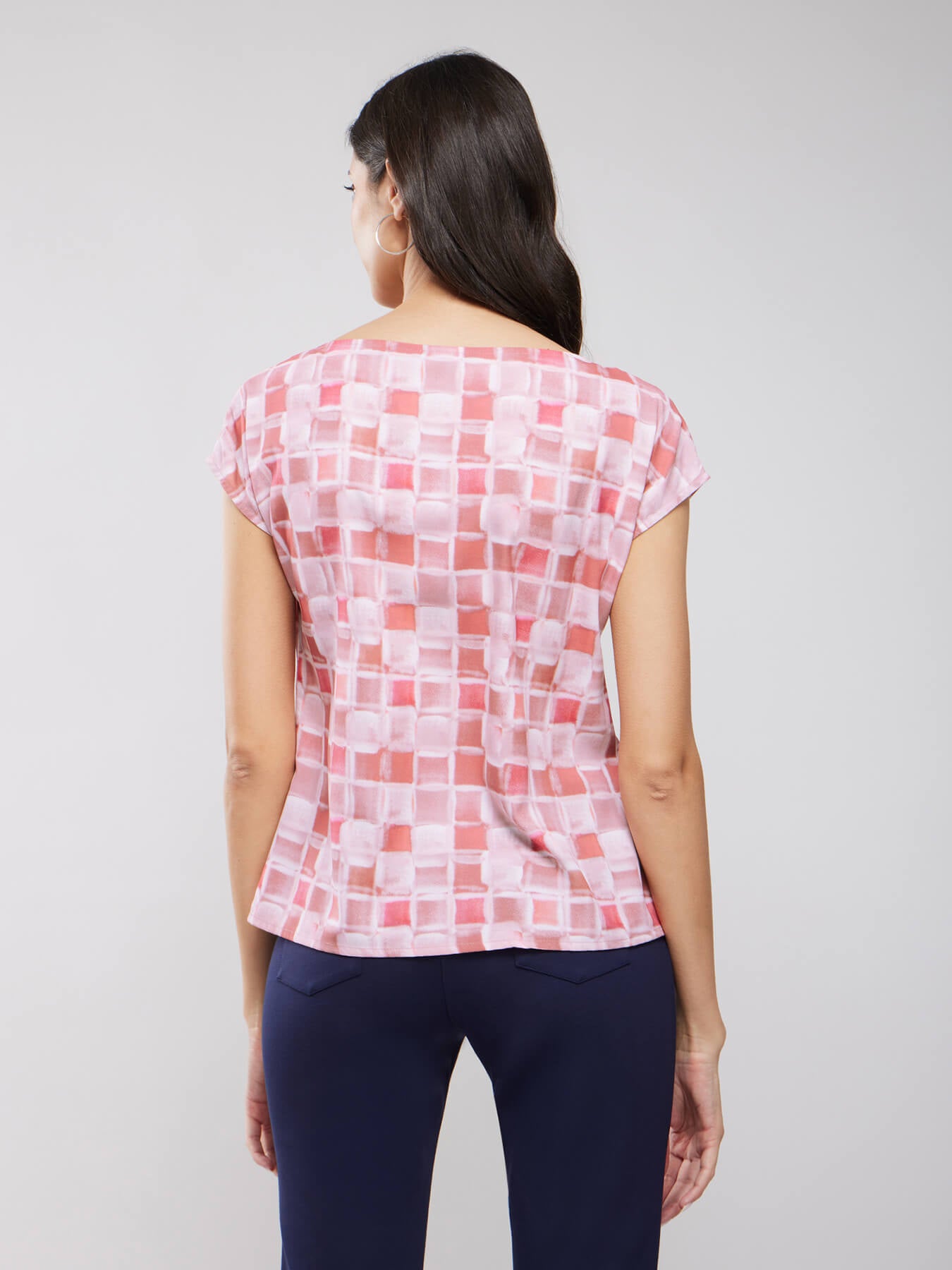 Boat Neck Geometric Print Top - Pink And Off White