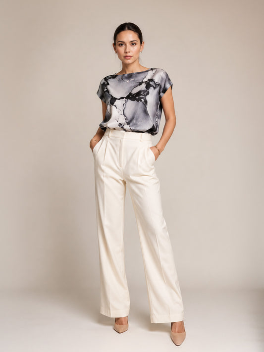 Satin Marble Print Top - Black And White