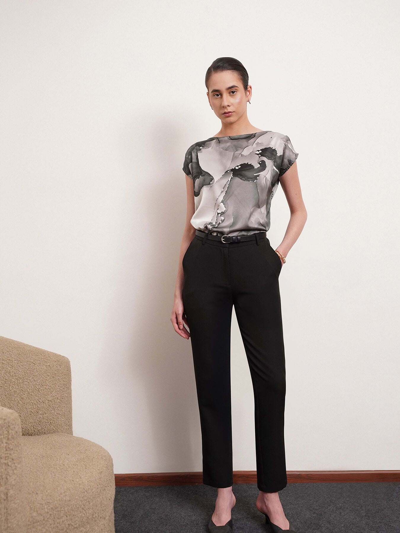 Satin Marble Print Top - Black And White