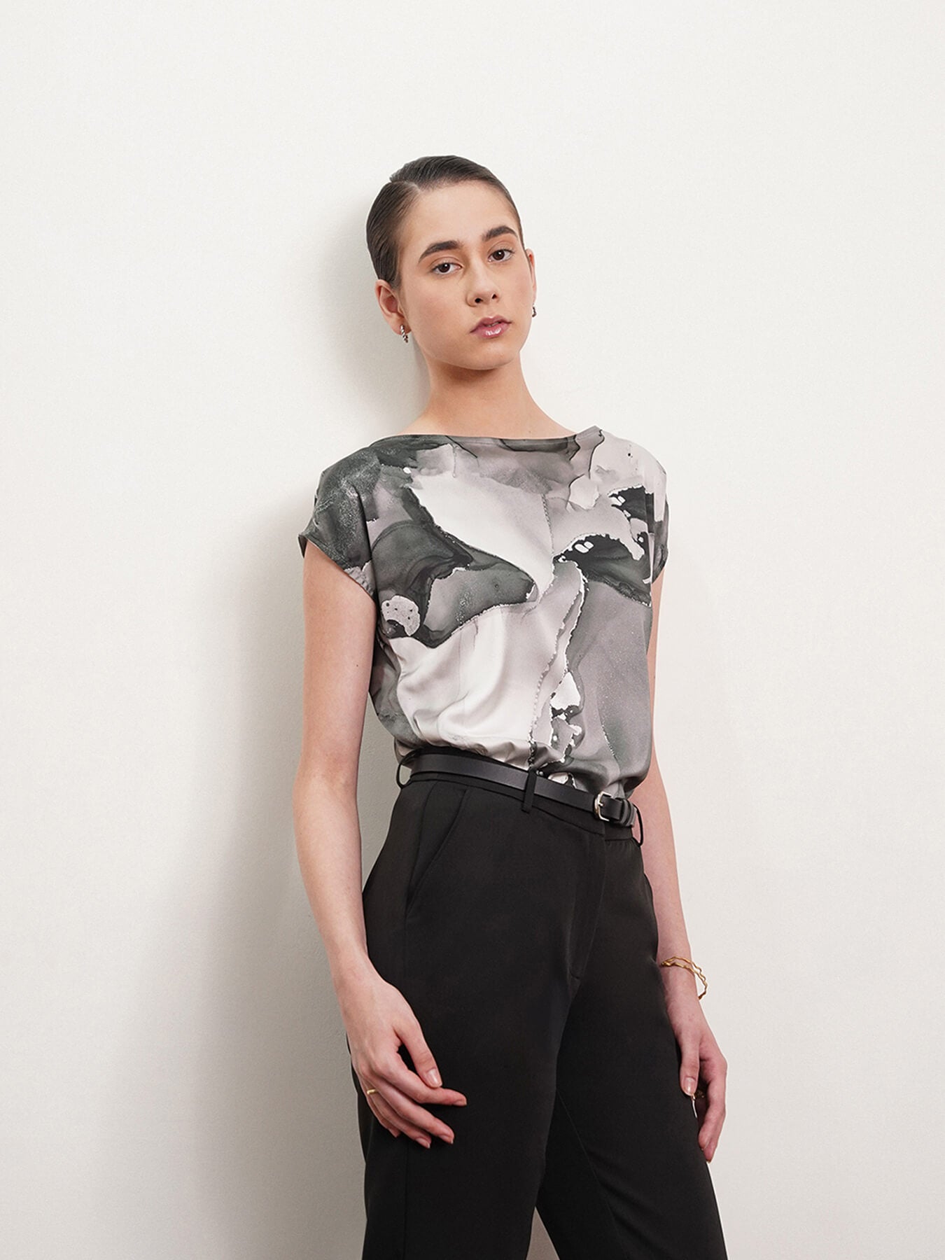 Satin Marble Print Top - Black And White