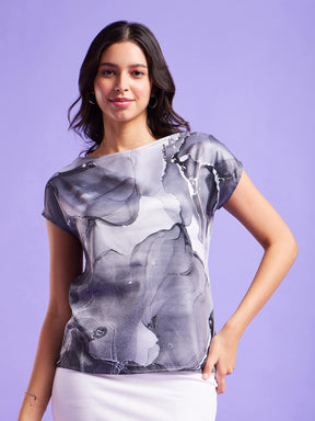 Satin Marble Print Top - Black And White