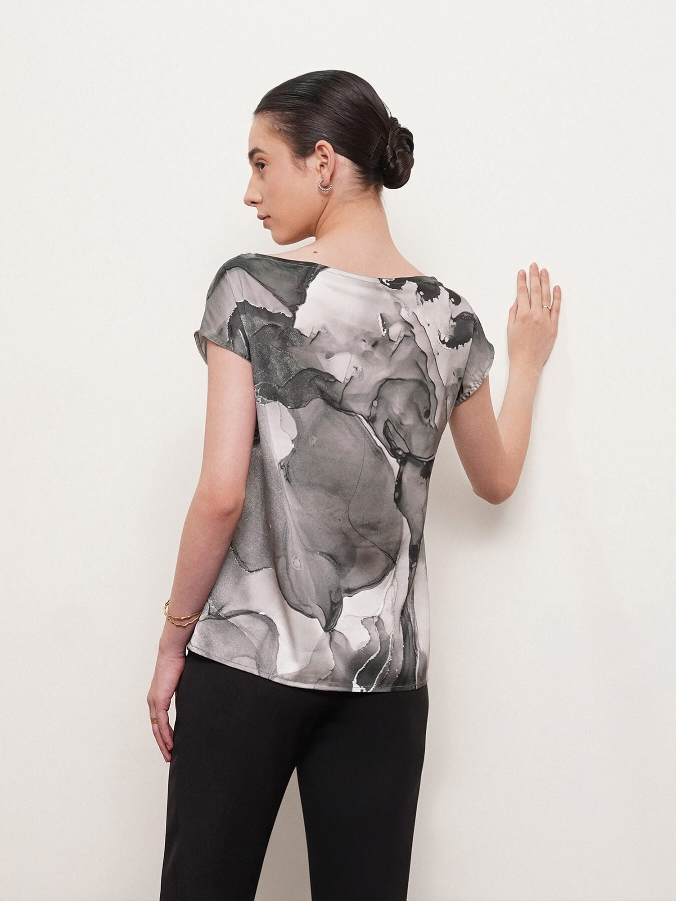 Satin Marble Print Top - Black And White