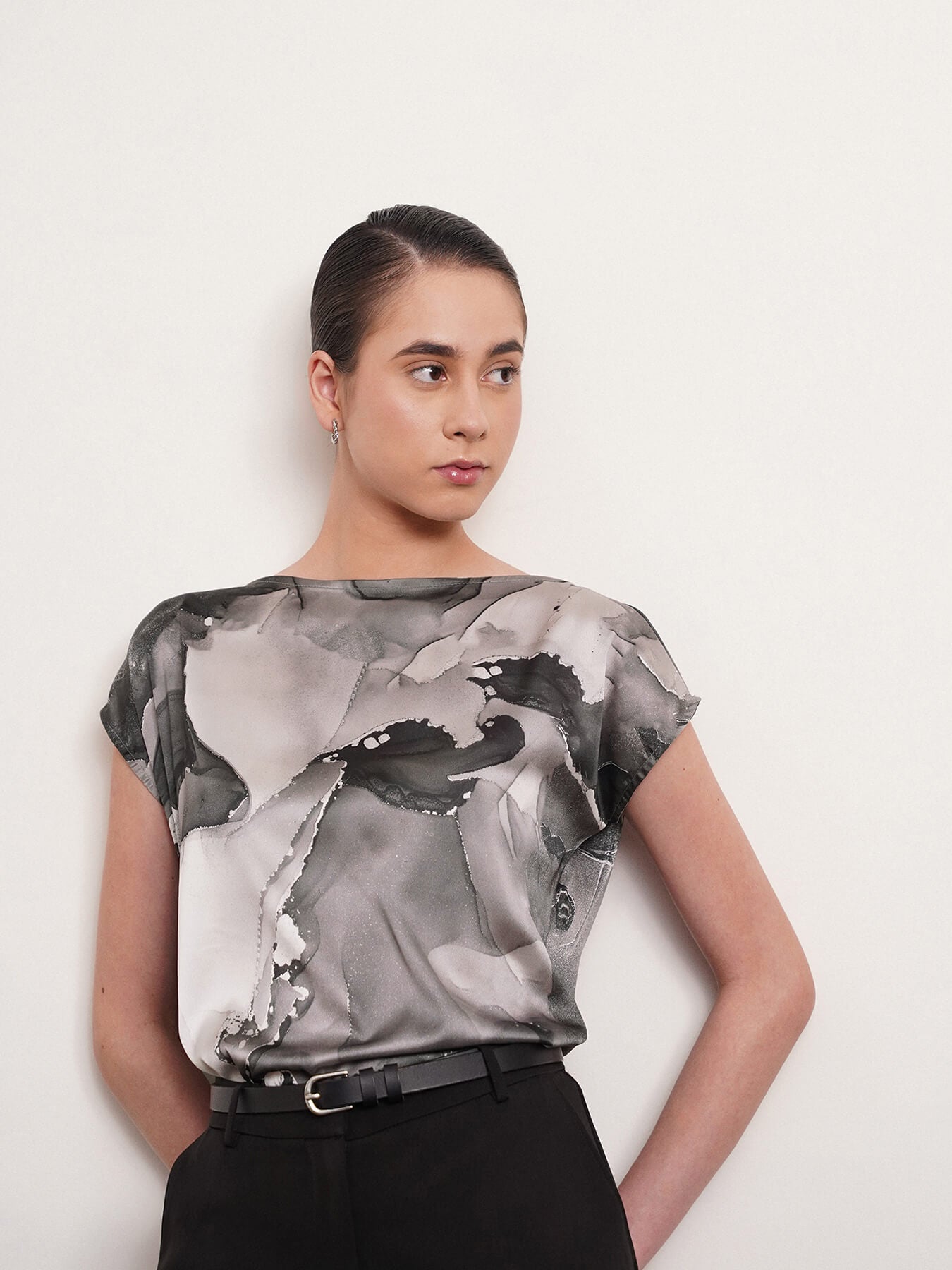 Satin Marble Print Top - Black And White