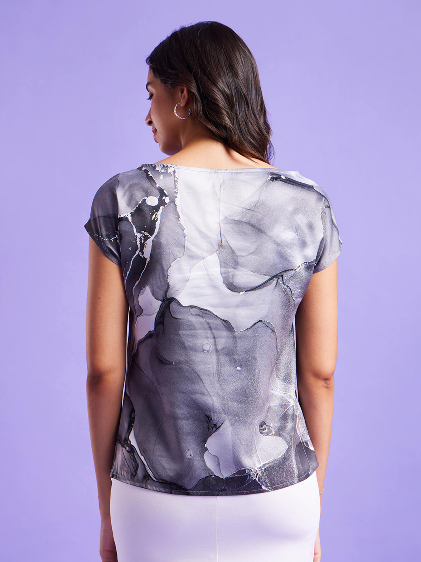 Satin Marble Print Top - Black And White