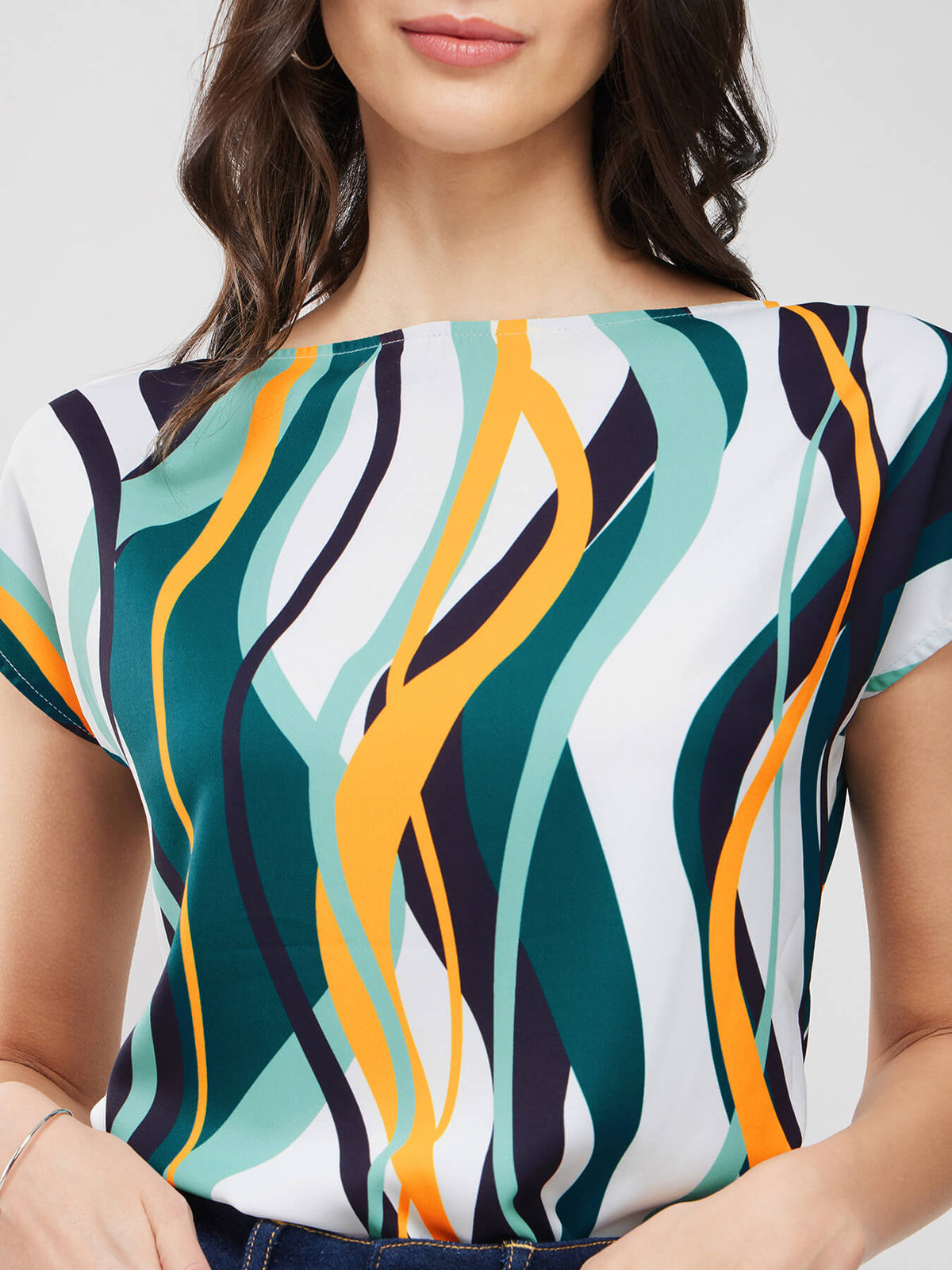 Boat Neck Abstract Print Top - Off White And Teal