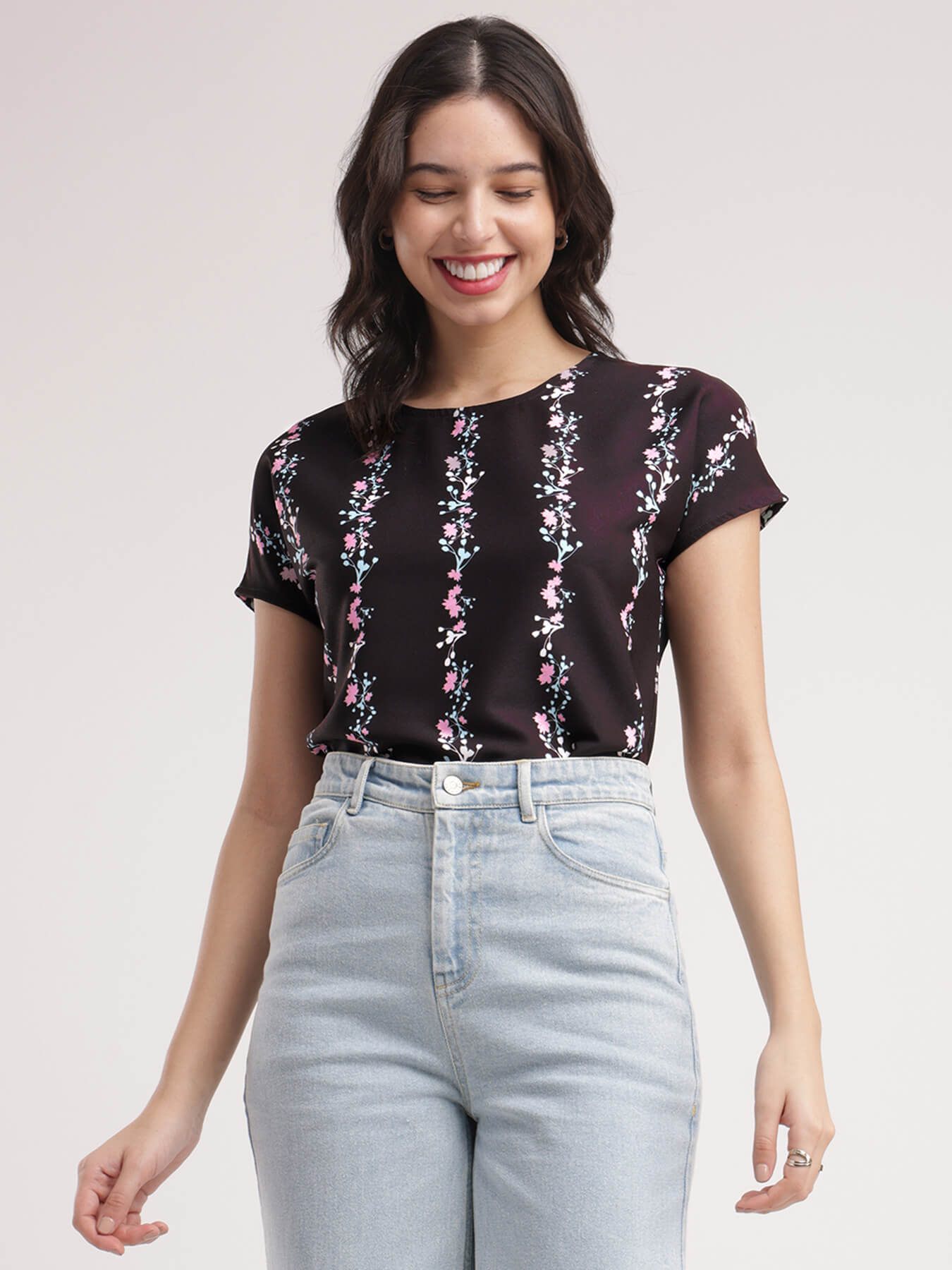 Drop Shoulder Floral Top - Black