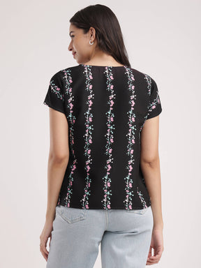 Drop Shoulder Floral Top - Black