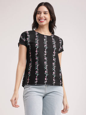 Drop Shoulder Floral Top - Black