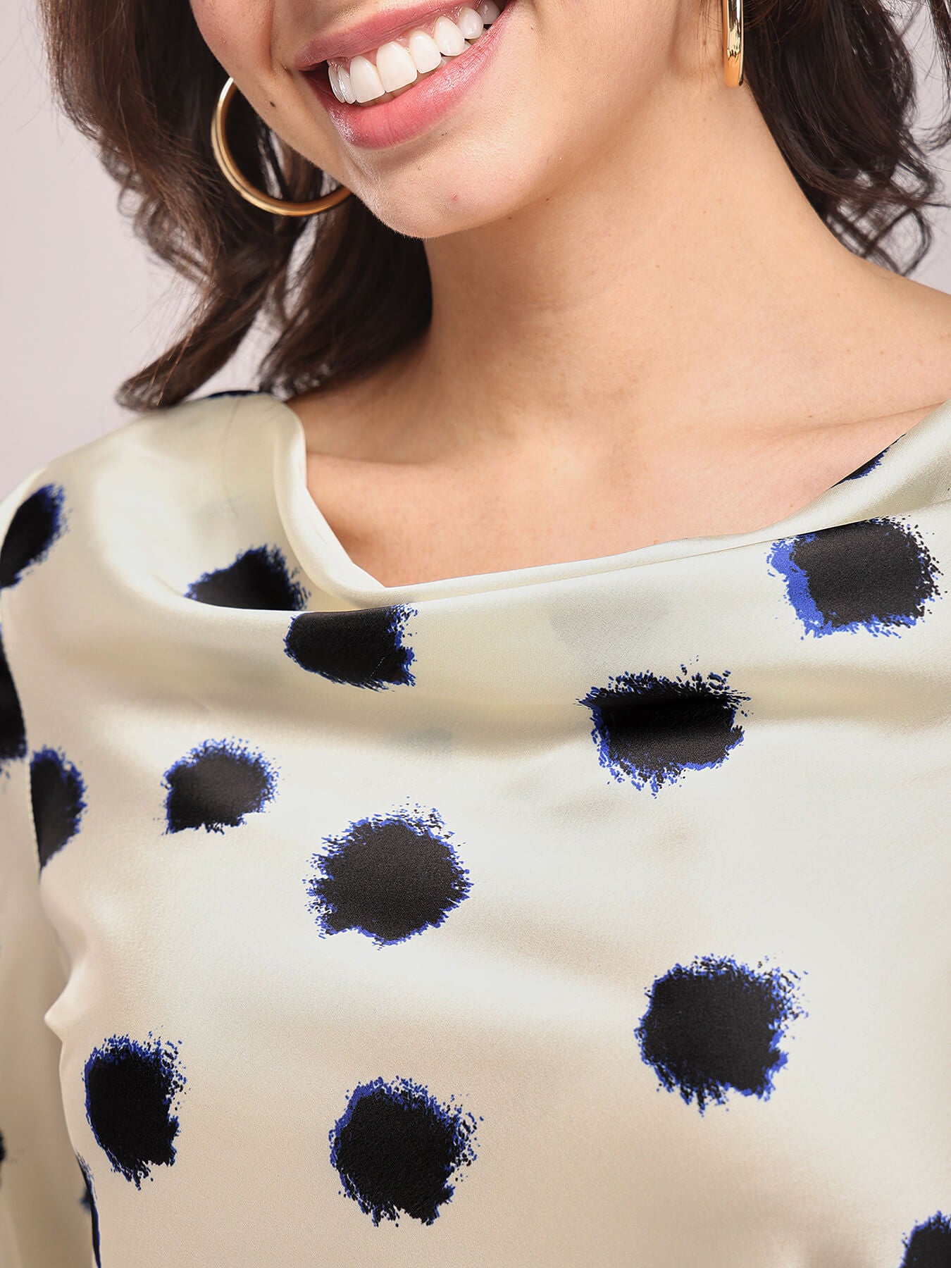 Satin Cowl Neck Top - Off-White And Black