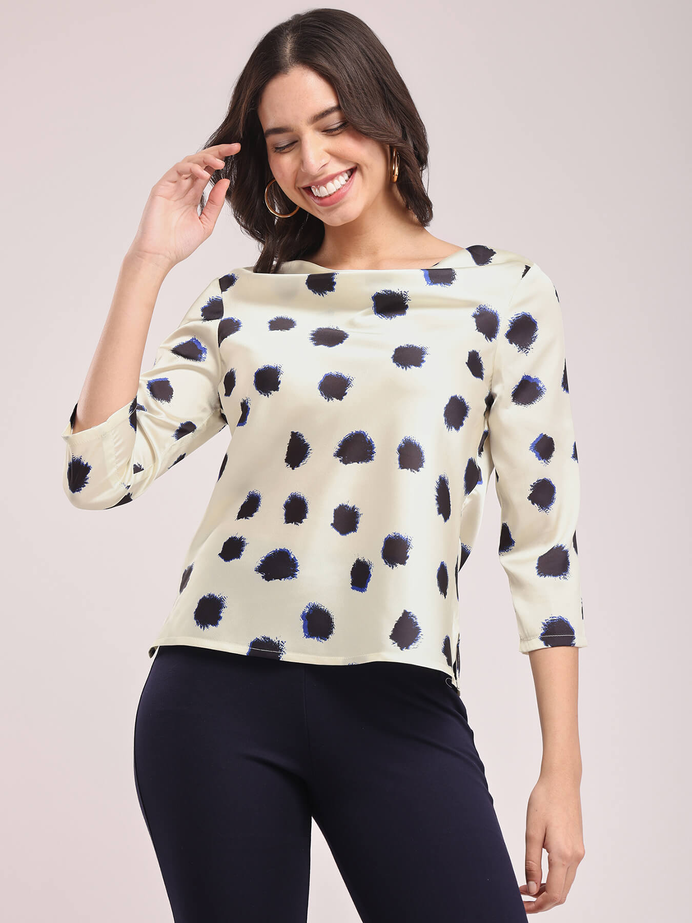 Satin Cowl Neck Top - Off-White And Black