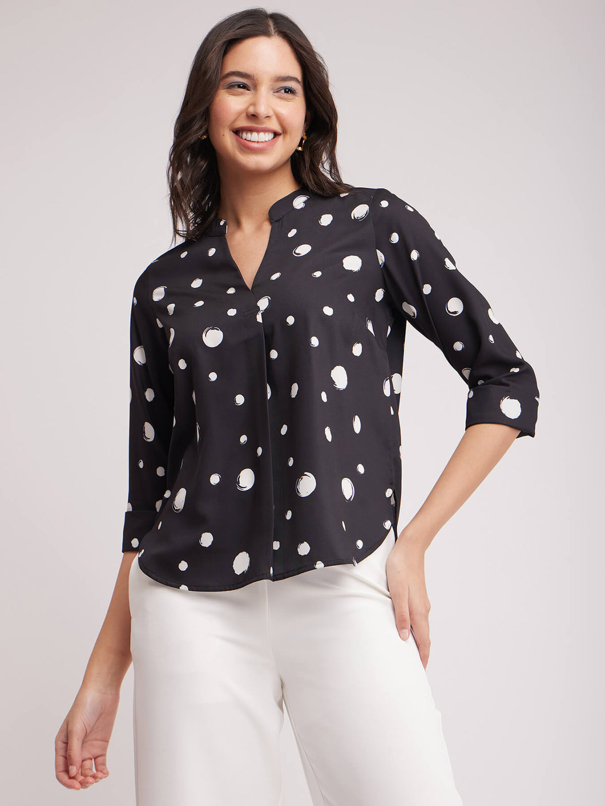 Front Pleat Polka Top - Black