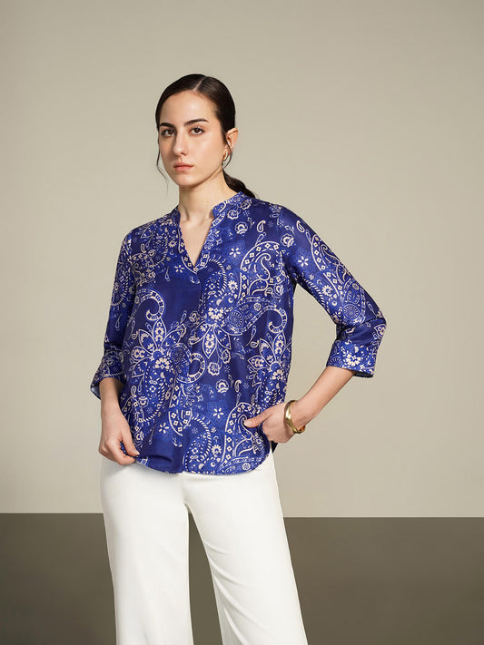 Printed V-neck Top - Blue