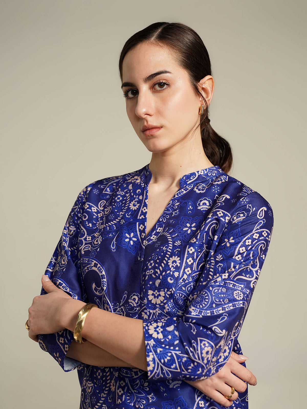 Printed V-neck Top - Blue