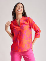 Floral Pleat Detail Top - Fuchsia And Orange