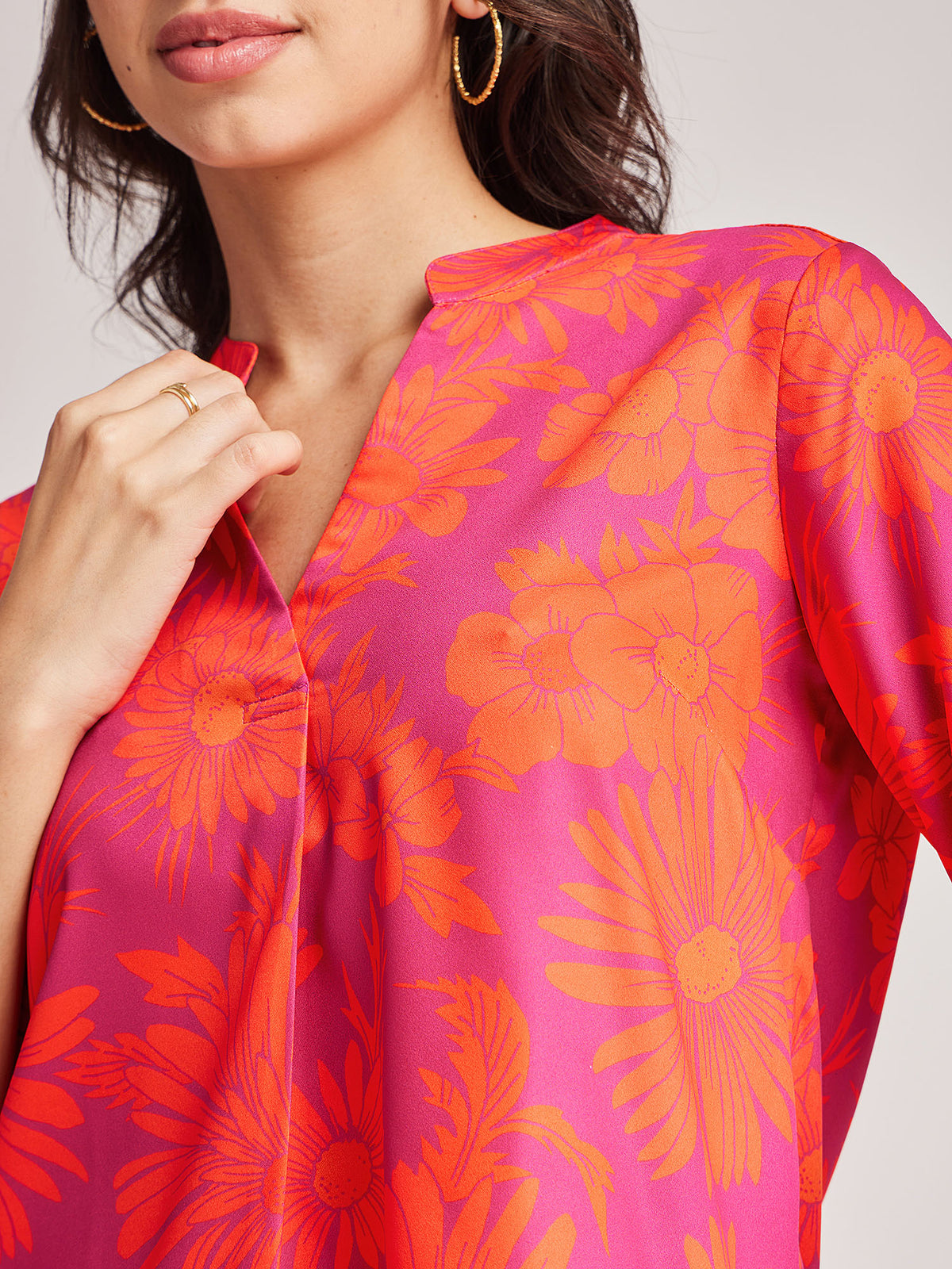Floral Pleat Detail Top - Fuchsia And Orange