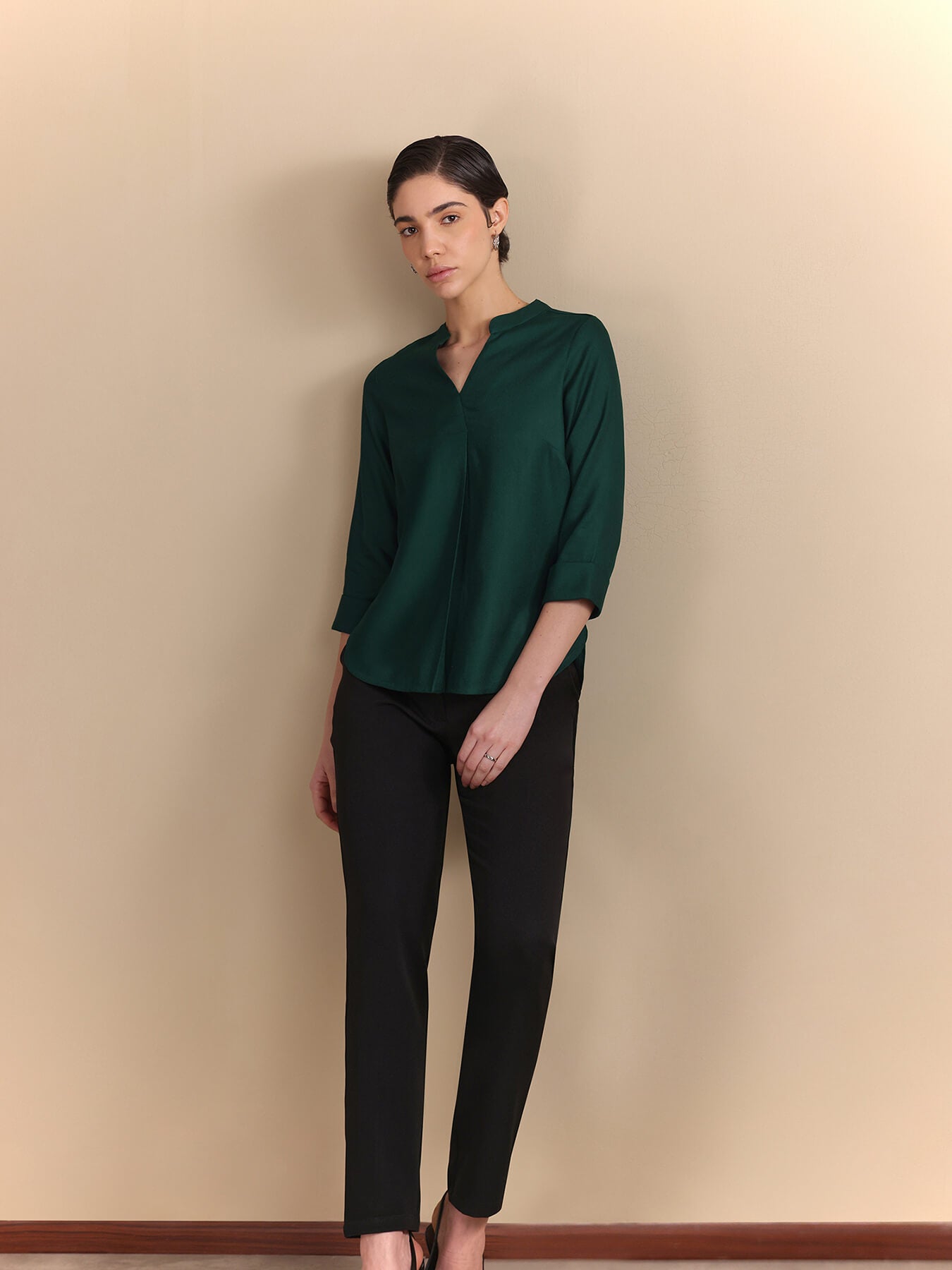 Mandarin V-Neck Top - Forest Green
