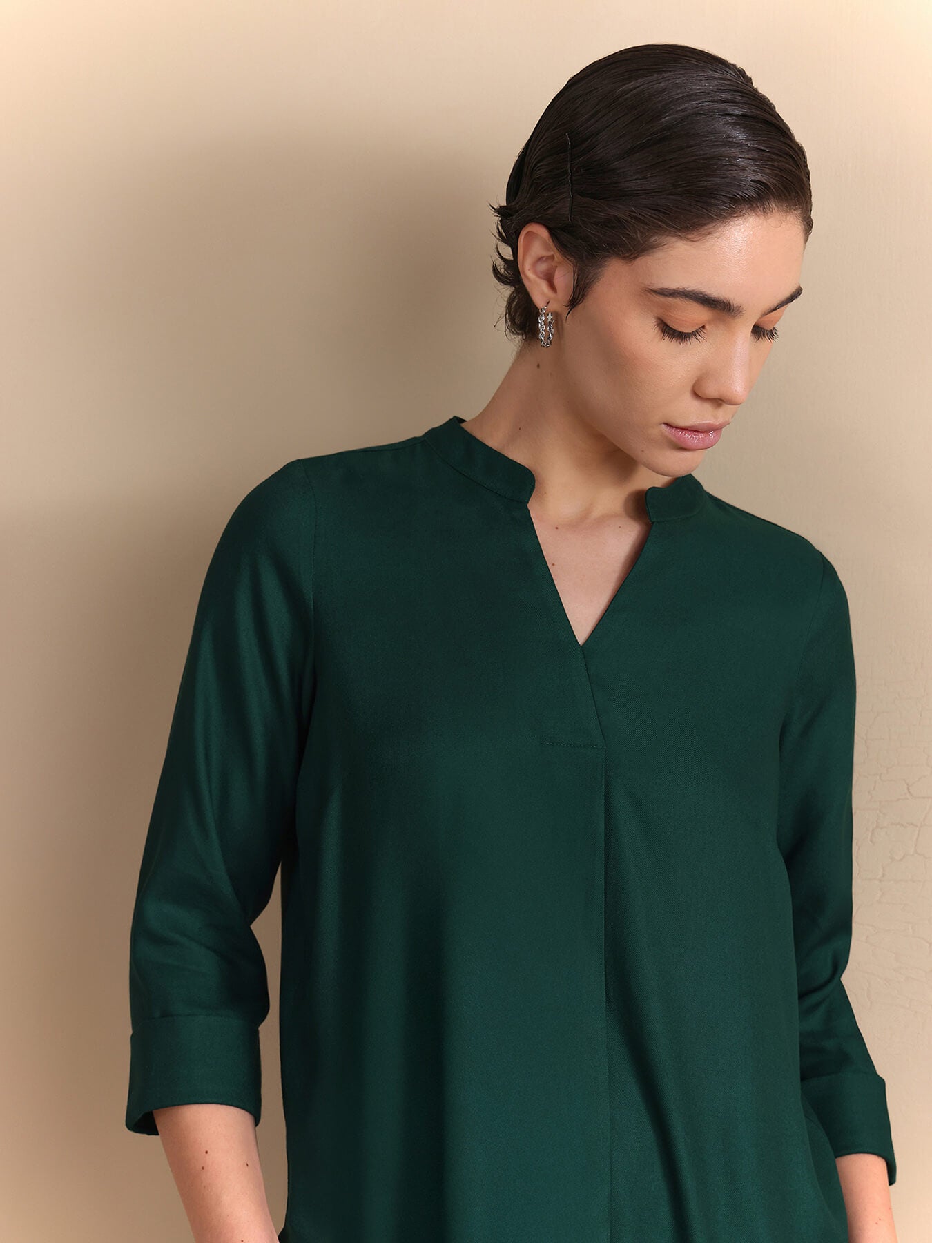 Mandarin V-Neck Top - Forest Green