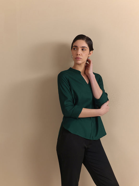 Mandarin V-Neck Top - Forest Green
