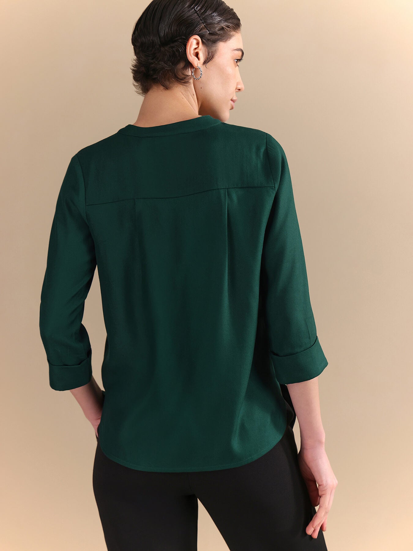 Mandarin V-Neck Top - Forest Green